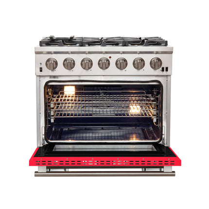 Forno Capriasca 36-Inch Gas Range, Stainless Steel, 6 Brass Burners, 120,000 BTU, Convection Oven, Energy Efficient, Red Door FORNO