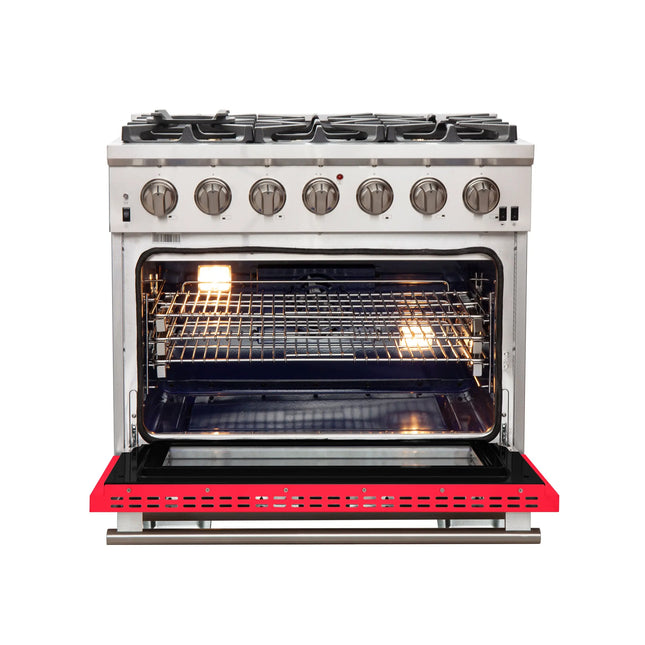 Forno Capriasca 36-Inch Gas Range, Stainless Steel, 6 Brass Burners, 120,000 BTU, Convection Oven, Energy Efficient, Red Door FORNO