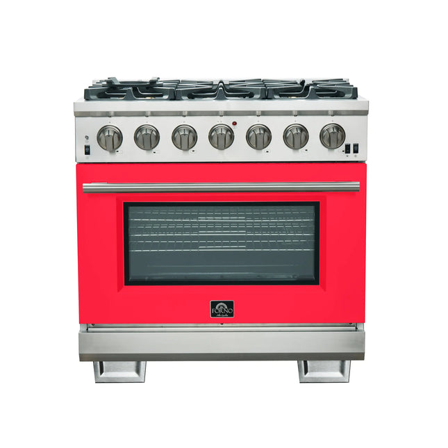 Forno Capriasca 36-Inch Gas Range, Stainless Steel, 6 Brass Burners, 120,000 BTU, Convection Oven, Energy Efficient, Red Door FORNO