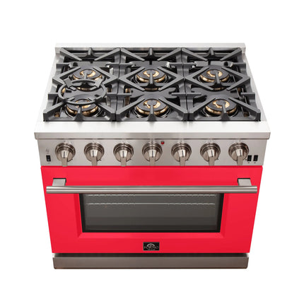 Forno Capriasca 36-Inch Gas Range, Stainless Steel, 6 Brass Burners, 120,000 BTU, Convection Oven, Energy Efficient, Red Door FORNO