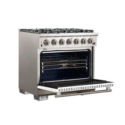 Forno Capriasca 36-Inch Gas Range, Stainless Steel, 6 Brass Burners, 120,000 BTU, Convection Oven, Energy Efficient, White Door FORNO