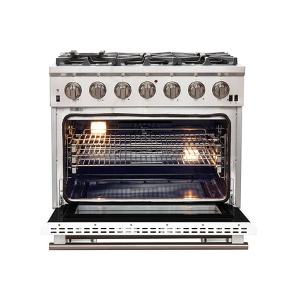 Forno Capriasca 36-Inch Gas Range, Stainless Steel, 6 Brass Burners, 120,000 BTU, Convection Oven, Energy Efficient, White Door FORNO