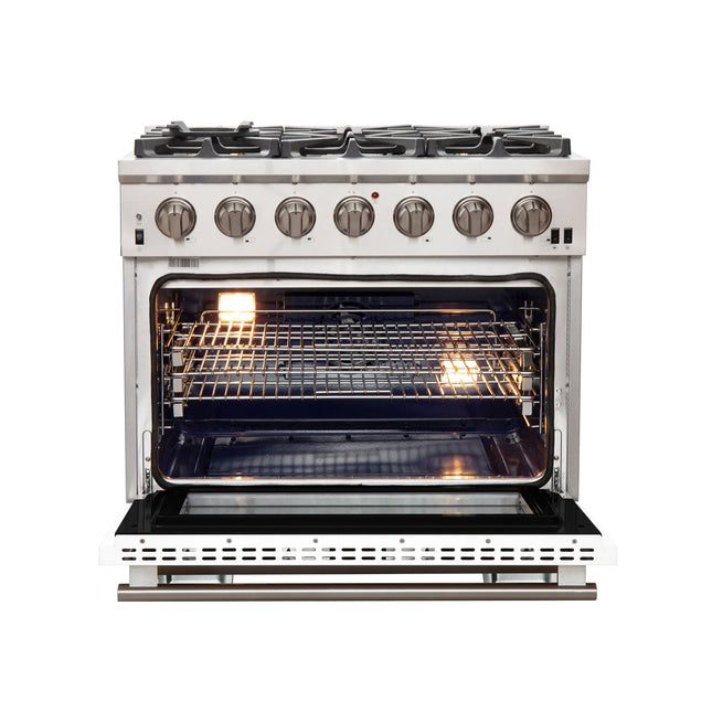 Forno Capriasca 36-Inch Gas Range, Stainless Steel, 6 Brass Burners, 120,000 BTU, Convection Oven, Energy Efficient, White Door FORNO