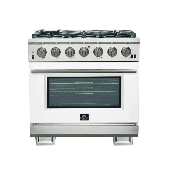 Forno Capriasca 36-Inch Gas Range, Stainless Steel, 6 Brass Burners, 120,000 BTU, Convection Oven, Energy Efficient, White Door FORNO
