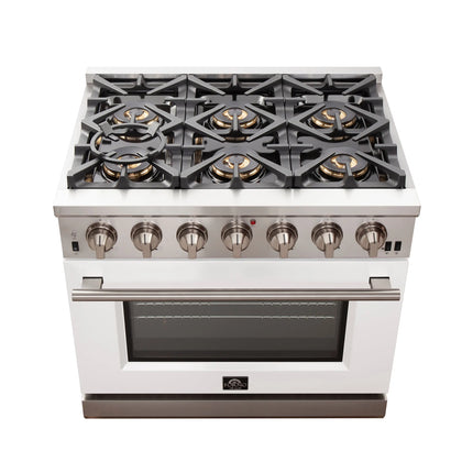 Forno Capriasca 36-Inch Gas Range, Stainless Steel, 6 Brass Burners, 120,000 BTU, Convection Oven, Energy Efficient, White Door FORNO