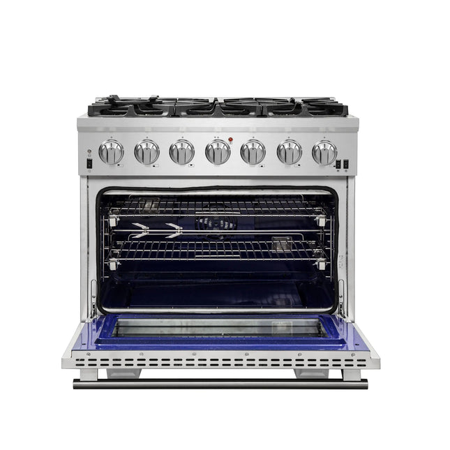 Forno Capriasca 36-Inch Gas Range, Stainless Steel, 6 Brass Burners, 120,000 BTU, Convection Oven, Energy Efficient FORNO