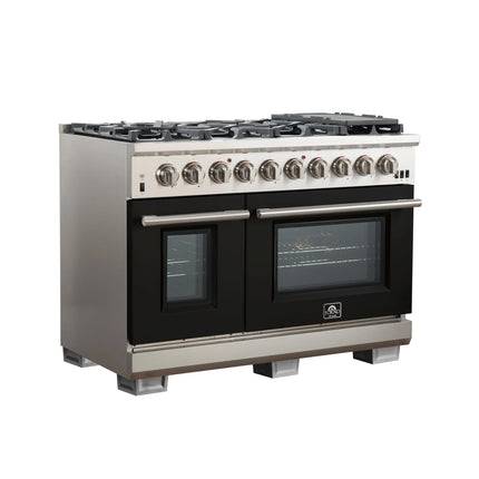 FORNO Capriasca 48-inch Gas Range Stainless Steel, 8 Brass Burners 160,000 BTU, 6.58 cu.ft. Double Oven, Black Doors FORNO