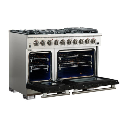 FORNO Capriasca 48-inch Gas Range Stainless Steel, 8 Brass Burners 160,000 BTU, 6.58 cu.ft. Double Oven, Black Doors FORNO