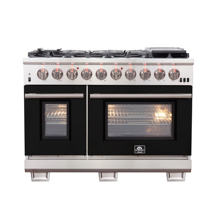 FORNO Capriasca 48-inch Gas Range Stainless Steel, 8 Brass Burners 160,000 BTU, 6.58 cu.ft. Double Oven, Black Doors FORNO