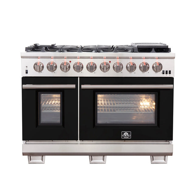 FORNO Capriasca 48-inch Gas Range Stainless Steel, 8 Brass Burners 160,000 BTU, 6.58 cu.ft. Double Oven, Black Doors FORNO