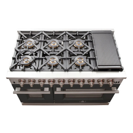 FORNO Capriasca 48-inch Gas Range Stainless Steel, 8 Brass Burners 160,000 BTU, 6.58 cu.ft. Double Oven, Black Doors FORNO