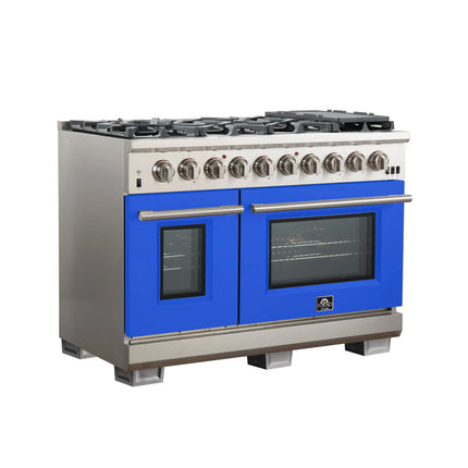 FORNO Capriasca 48-inch Gas Range Stainless Steel, 8 Brass Burners 160,000 BTU, 6.58 cu.ft. Double Oven, Blue Doors FORNO
