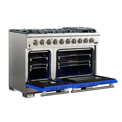 FORNO Capriasca 48-inch Gas Range Stainless Steel, 8 Brass Burners 160,000 BTU, 6.58 cu.ft. Double Oven, Blue Doors FORNO