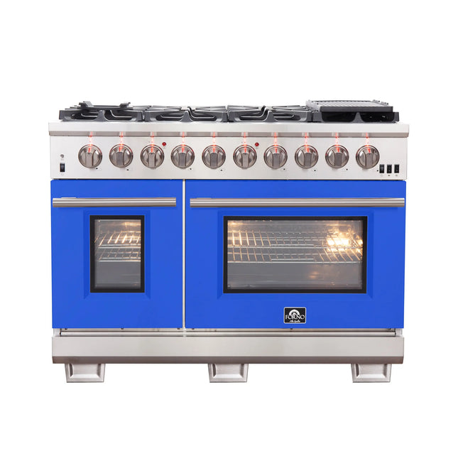 FORNO Capriasca 48-inch Gas Range Stainless Steel, 8 Brass Burners 160,000 BTU, 6.58 cu.ft. Double Oven, Blue Doors FORNO