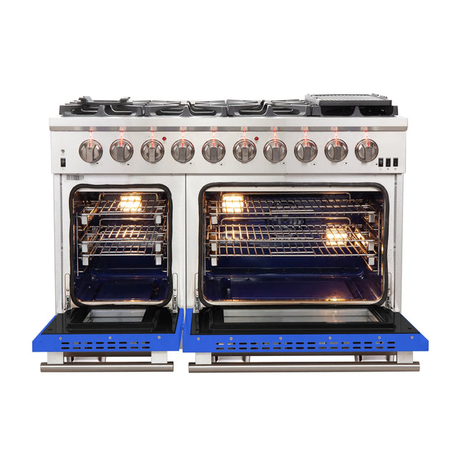FORNO Capriasca 48-inch Gas Range Stainless Steel, 8 Brass Burners 160,000 BTU, 6.58 cu.ft. Double Oven, Blue Doors FORNO