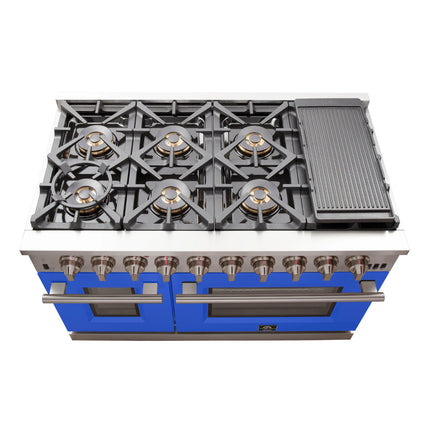 FORNO Capriasca 48-inch Gas Range Stainless Steel, 8 Brass Burners 160,000 BTU, 6.58 cu.ft. Double Oven, Blue Doors FORNO
