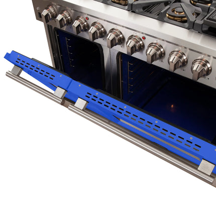 FORNO Capriasca 48-inch Gas Range Stainless Steel, 8 Brass Burners 160,000 BTU, 6.58 cu.ft. Double Oven, Blue Doors FORNO