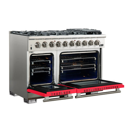FORNO Capriasca 48-inch Gas Range Stainless Steel, 8 Brass Burners 160,000 BTU, 6.58 cu.ft. Double Oven, Red Doors FORNO