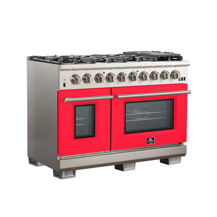 FORNO Capriasca 48-inch Gas Range Stainless Steel, 8 Brass Burners 160,000 BTU, 6.58 cu.ft. Double Oven, Red Doors FORNO