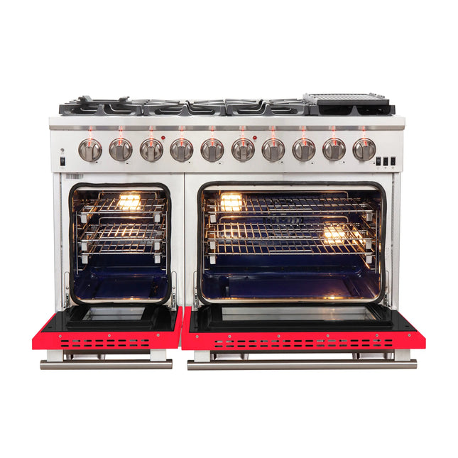 FORNO Capriasca 48-inch Gas Range Stainless Steel, 8 Brass Burners 160,000 BTU, 6.58 cu.ft. Double Oven, Red Doors FORNO