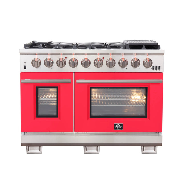 FORNO Capriasca 48-inch Gas Range Stainless Steel, 8 Brass Burners 160,000 BTU, 6.58 cu.ft. Double Oven, Red Doors FORNO