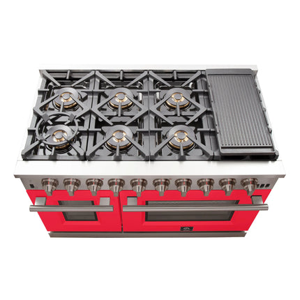 FORNO Capriasca 48-inch Gas Range Stainless Steel, 8 Brass Burners 160,000 BTU, 6.58 cu.ft. Double Oven, Red Doors FORNO