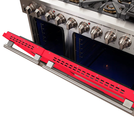 FORNO Capriasca 48-inch Gas Range Stainless Steel, 8 Brass Burners 160,000 BTU, 6.58 cu.ft. Double Oven, Red Doors FORNO