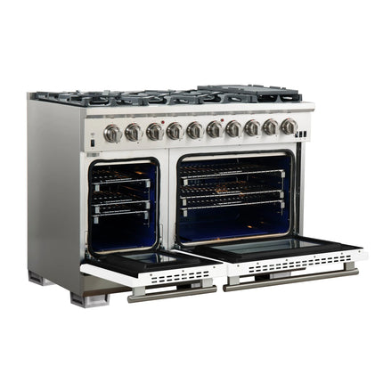 FORNO Capriasca 48-inch Gas Range Stainless Steel, 8 Brass Burners 160,000 BTU, 6.58 cu.ft. Double Oven, White Doors FORNO