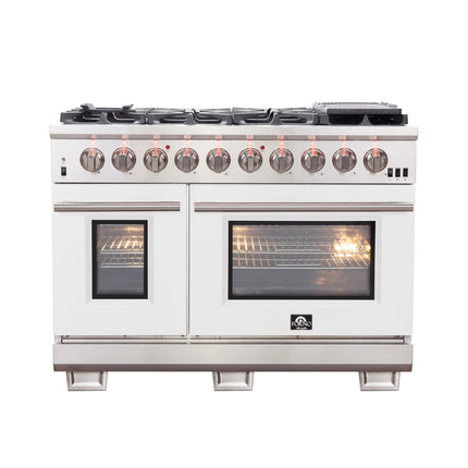 FORNO Capriasca 48-inch Gas Range Stainless Steel, 8 Brass Burners 160,000 BTU, 6.58 cu.ft. Double Oven, White Doors FORNO