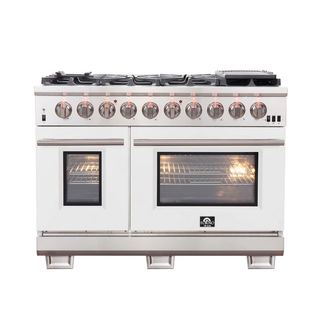 FORNO Capriasca 48-inch Gas Range Stainless Steel, 8 Brass Burners 160,000 BTU, 6.58 cu.ft. Double Oven, White Doors FORNO