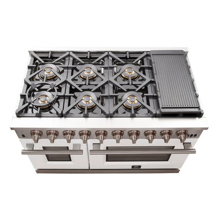 FORNO Capriasca 48-inch Gas Range Stainless Steel, 8 Brass Burners 160,000 BTU, 6.58 cu.ft. Double Oven, White Doors FORNO