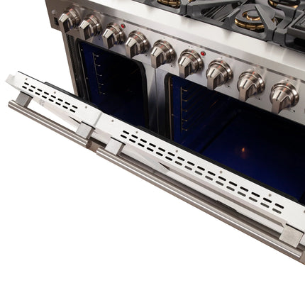 FORNO Capriasca 48-inch Gas Range Stainless Steel, 8 Brass Burners 160,000 BTU, 6.58 cu.ft. Double Oven, White Doors FORNO