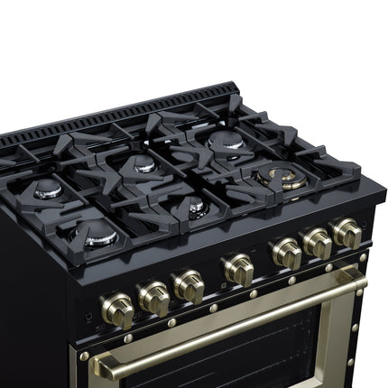 Valente 36" Gas Range in Black, 6 Sealed Burnes, 71 000 BTU Cooktop Output , 5.2 Cu.Ft. convection Oven, Telescopic Racks FORNO