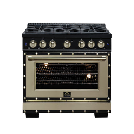Valente 36" Gas Range in Black, 6 Sealed Burnes, 71 000 BTU Cooktop Output , 5.2 Cu.Ft. convection Oven, Telescopic Racks FORNO