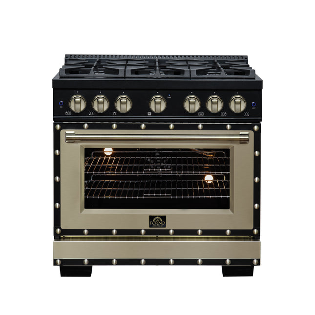 Valente 36" Gas Range in Black, 6 Sealed Burnes, 71 000 BTU Cooktop Output , 5.2 Cu.Ft. convection Oven, Telescopic Racks FORNO