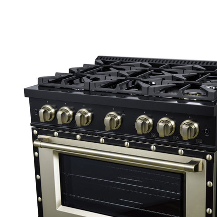 Valente 36" Gas Range in Black, 6 Sealed Burnes, 71 000 BTU Cooktop Output , 5.2 Cu.Ft. convection Oven, Telescopic Racks FORNO