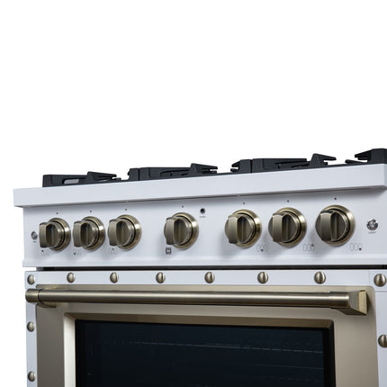 Valente 36" Gas Range in White, 6 Sealed Burnes, 71 000 BTU Cooktop Output , 5.2 Cu.Ft. convection Oven, Telescopic Racks FORNO