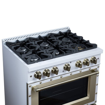 Valente 36" Gas Range in White, 6 Sealed Burnes, 71 000 BTU Cooktop Output , 5.2 Cu.Ft. convection Oven, Telescopic Racks FORNO