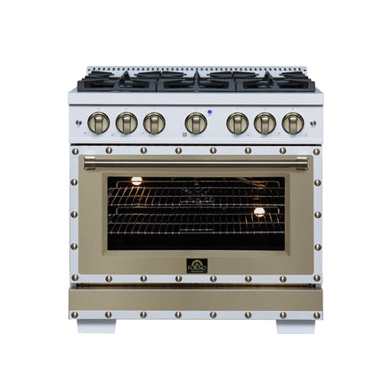 Valente 36" Gas Range in White, 6 Sealed Burnes, 71 000 BTU Cooktop Output , 5.2 Cu.Ft. convection Oven, Telescopic Racks FORNO