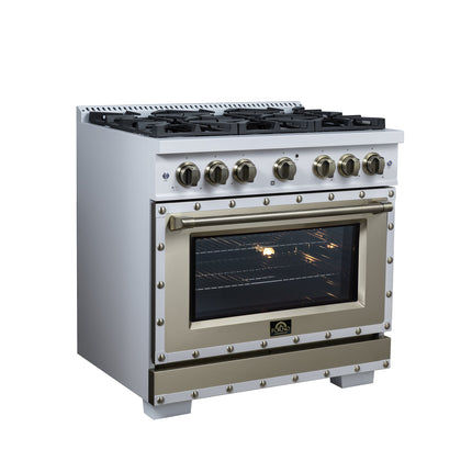 Valente 36" Gas Range in White, 6 Sealed Burnes, 71 000 BTU Cooktop Output , 5.2 Cu.Ft. convection Oven, Telescopic Racks FORNO