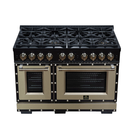 Valente 48" Gas Range in Black, 8 Sealed Burnes, 94 000 BTU Cooktop Output, 6.7 Cu.Ft. Double Oven, Telescopic Racks FORNO