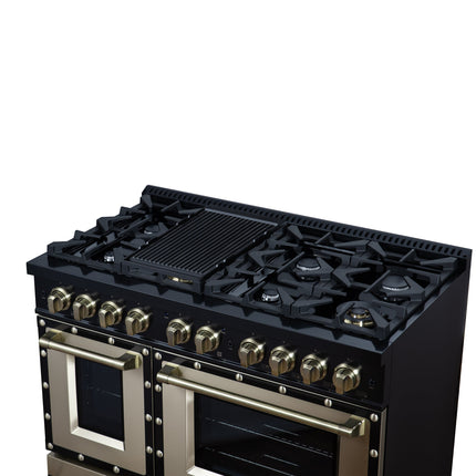 Valente 48" Gas Range in Black, 8 Sealed Burnes, 94 000 BTU Cooktop Output, 6.7 Cu.Ft. Double Oven, Telescopic Racks FORNO