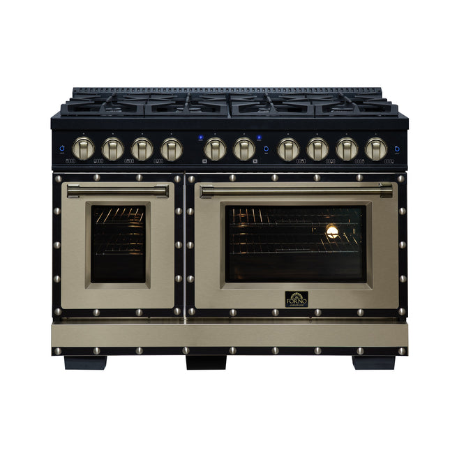 Valente 48" Gas Range in Black, 8 Sealed Burnes, 94 000 BTU Cooktop Output, 6.7 Cu.Ft. Double Oven, Telescopic Racks FORNO