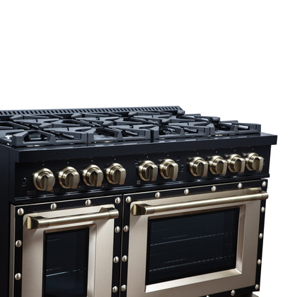 Valente 48" Gas Range in Black, 8 Sealed Burnes, 94 000 BTU Cooktop Output, 6.7 Cu.Ft. Double Oven, Telescopic Racks FORNO