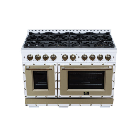 Valente 48" Gas Range in White, 8 Sealed Burnes, 94 000 BTU Cooktop Output, 6.7 Cu.Ft. Double Oven, Telescopic Racks FORNO