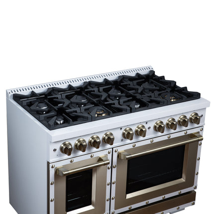 Valente 48" Gas Range in White, 8 Sealed Burnes, 94 000 BTU Cooktop Output, 6.7 Cu.Ft. Double Oven, Telescopic Racks FORNO