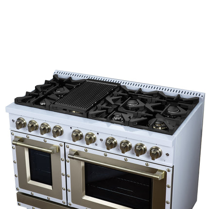 Valente 48" Gas Range in White, 8 Sealed Burnes, 94 000 BTU Cooktop Output, 6.7 Cu.Ft. Double Oven, Telescopic Racks FORNO