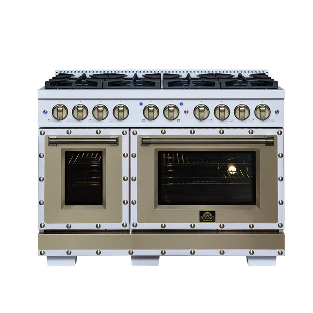 Valente 48" Gas Range in White, 8 Sealed Burnes, 94 000 BTU Cooktop Output, 6.7 Cu.Ft. Double Oven, Telescopic Racks FORNO