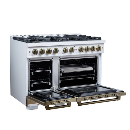 Valente 48" Gas Range in White, 8 Sealed Burnes, 94 000 BTU Cooktop Output, 6.7 Cu.Ft. Double Oven, Telescopic Racks FORNO