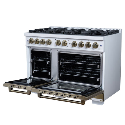 Valente 48" Gas Range in White, 8 Sealed Burnes, 94 000 BTU Cooktop Output, 6.7 Cu.Ft. Double Oven, Telescopic Racks FORNO